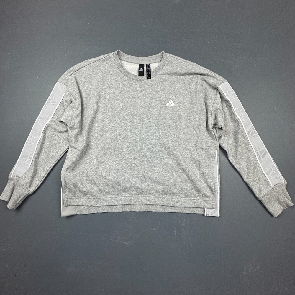 Adidas Women's Large Gray Crewneck Logo Tape Sleeve Pullover Athletic Sweatshirt